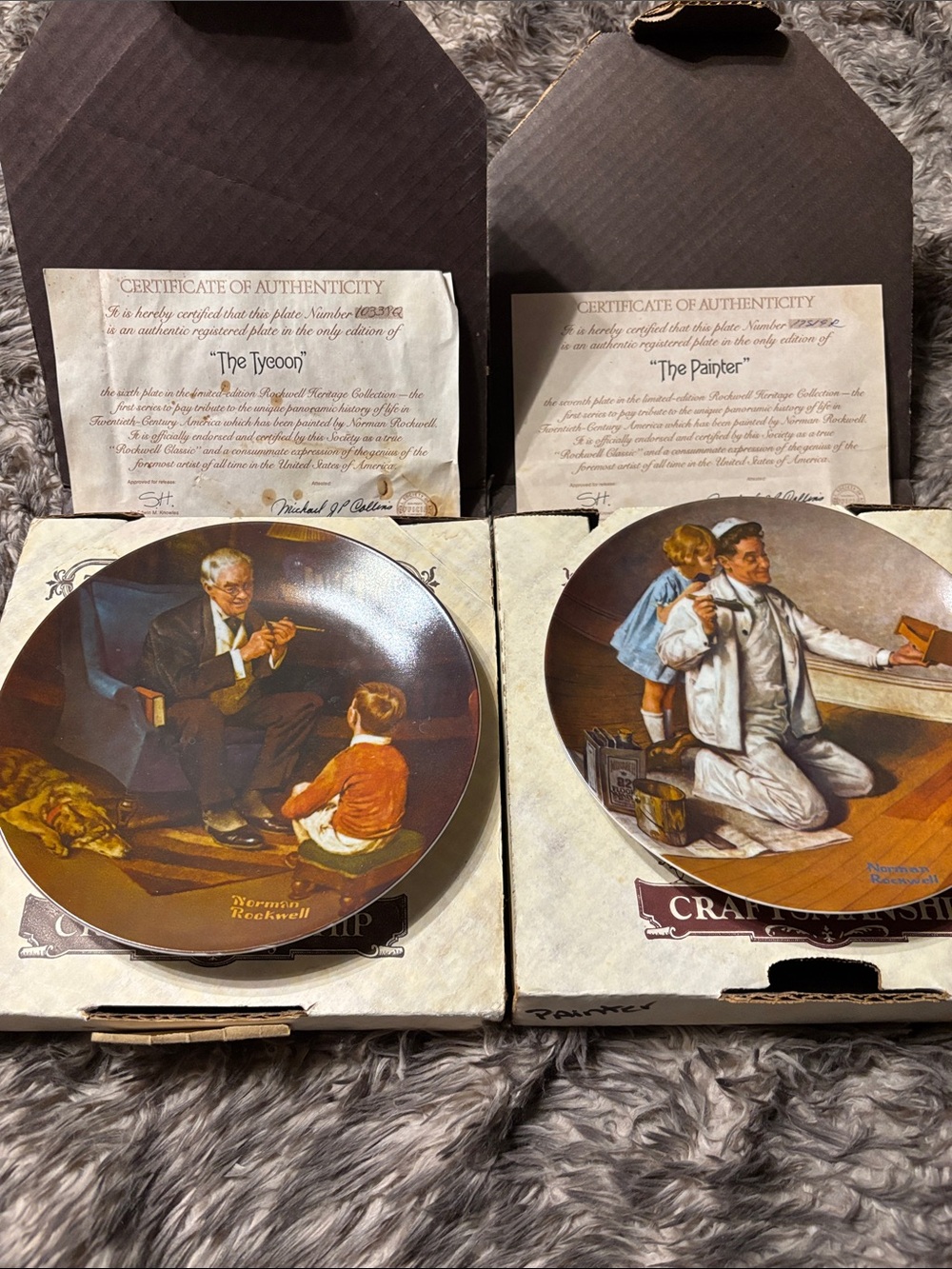 VTG Norman Rockwell Heritage Plate Set 2 The Tycoon The Painter Knowles COA